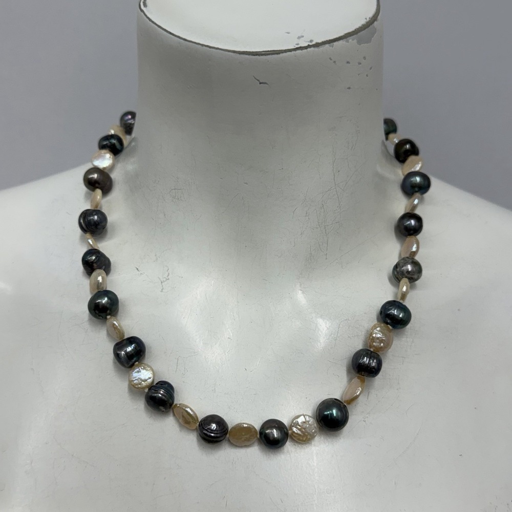 Black Peacock Baroque and White Coin Pearls Sterling Necklace 53 Grams 20" Long